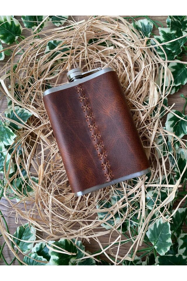 MATT - Deri Kaplı Çelik Viski Matarası Koyu Taba