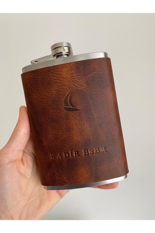 MATT - Deri Kaplı Çelik Viski Matarası Koyu Taba